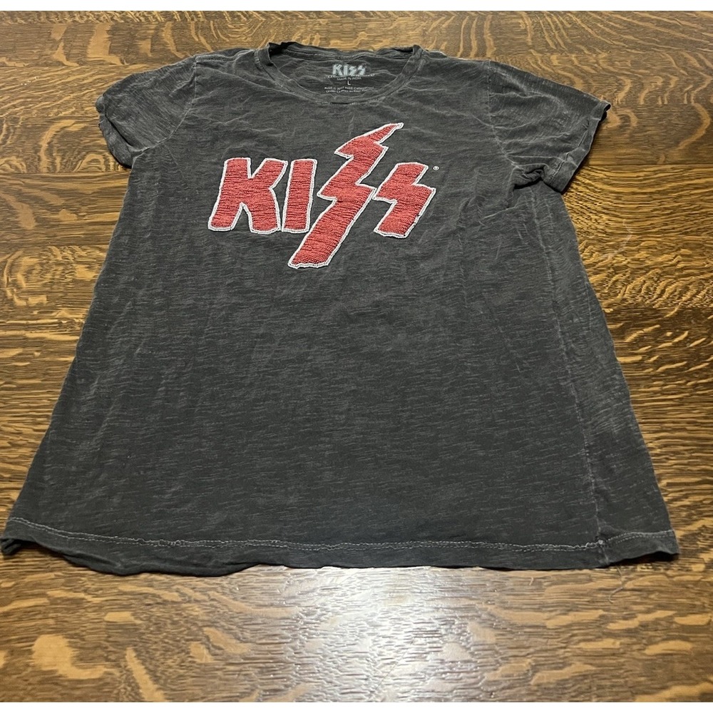 Lucky Brand KISS Beaded Graphic Tee Womens Large Black Band T Shirt